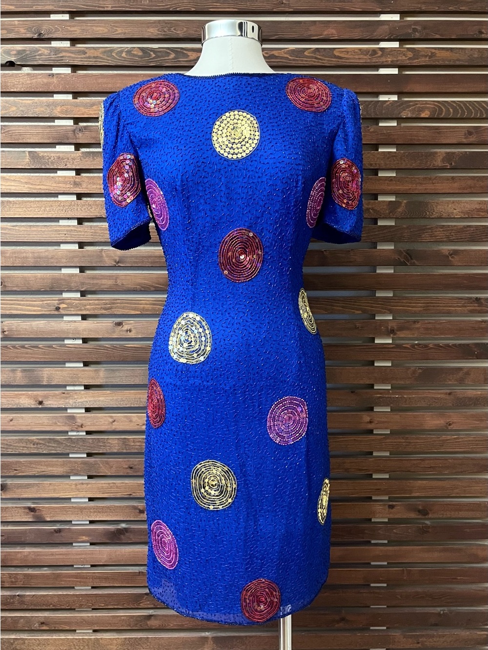 Vintage 1980s Leslie Faye Silk Blue Pink Red Gold Sequin Polka Dot Beaded Dress